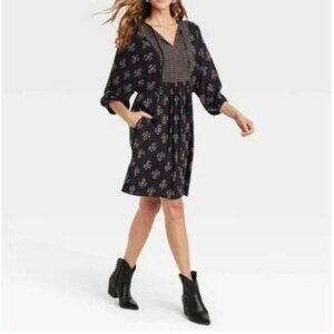 Knox Rose Dress Womens XXL Black Floral Tassel Tie Knee Length Cottagecore Boho